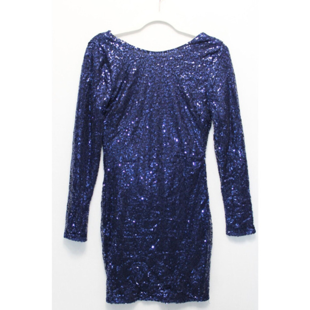 Club L Bodycon All Over Sequin Short Dress‎ Women 8 Open Cowl Back Side Zip Blue